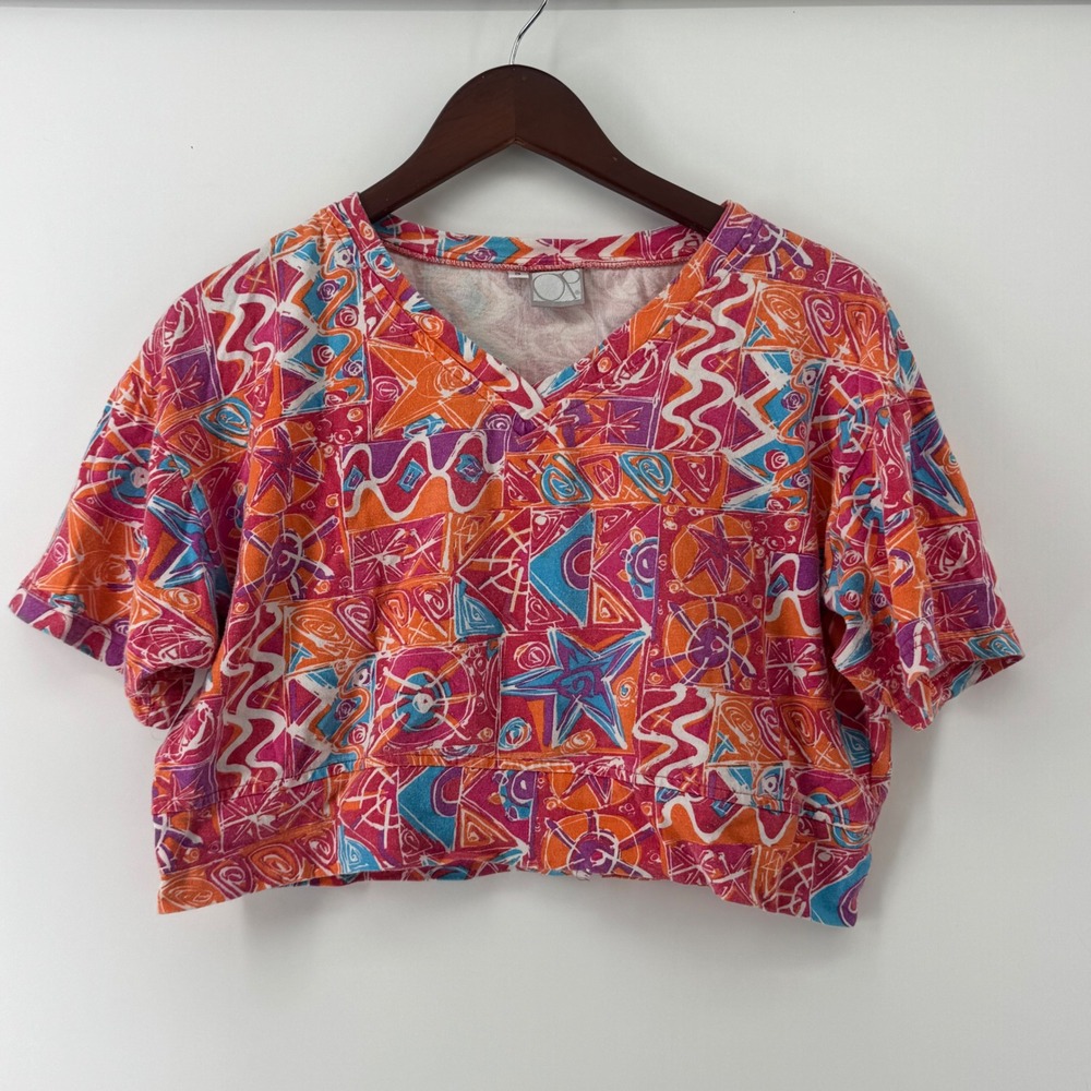 Ocean Pacific Womens V-Neck Crop Top Short Sleeve Geometric Star Print Pink S
